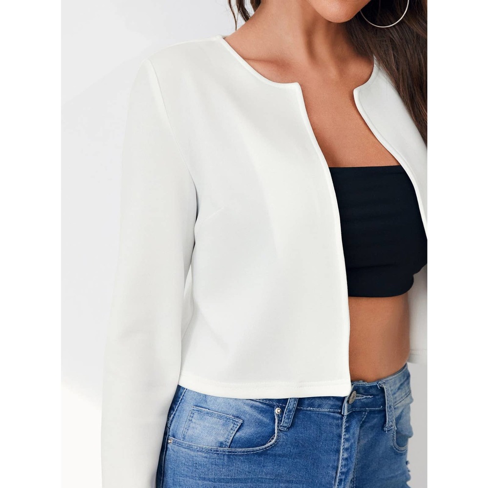 Business casual minimalist white Open Front Solid Crop Blazer - Picture 5 of 8